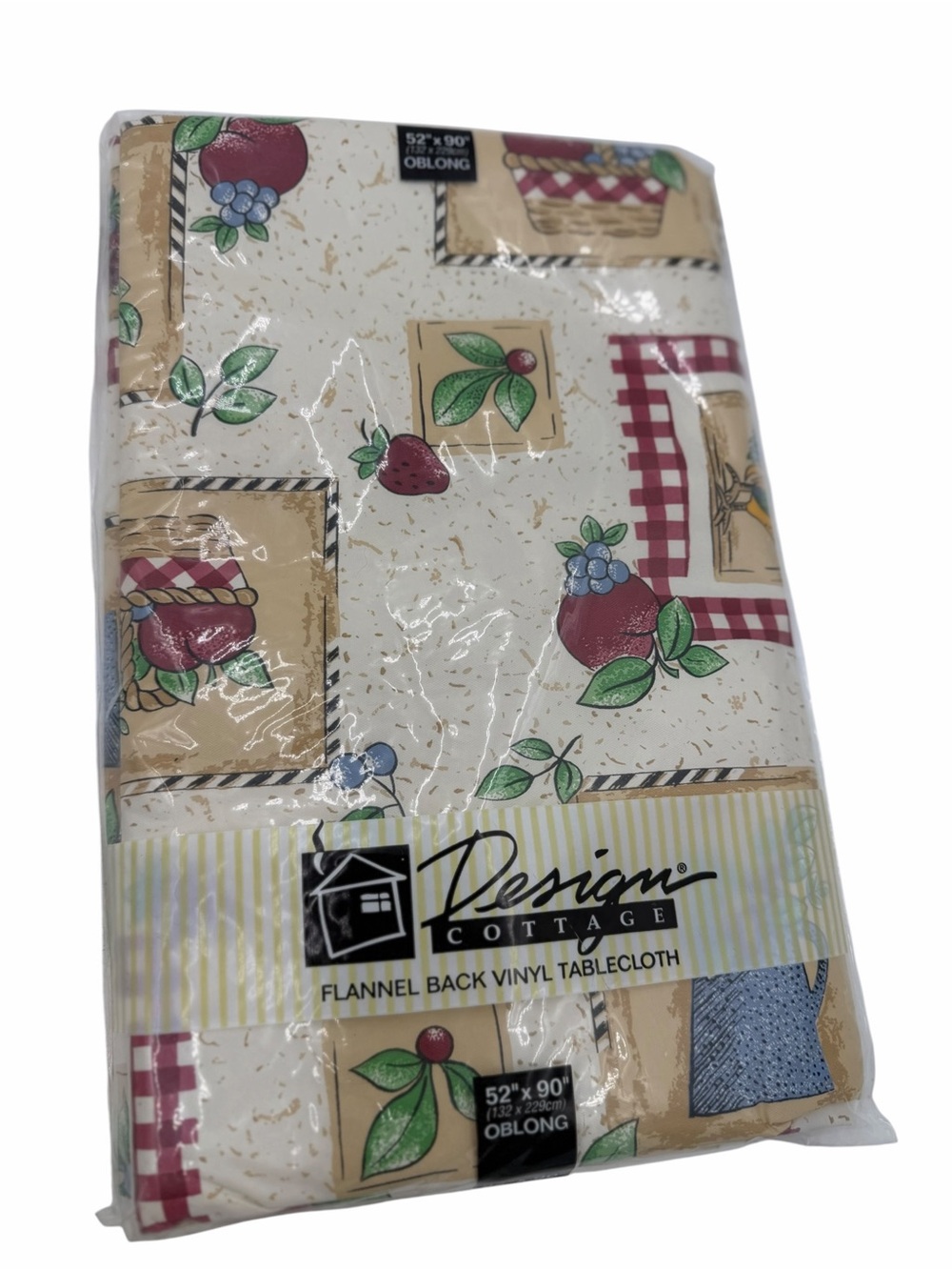 Design Cottage Flannel Back Vinyl Tablecloth 52" X 90” Oblong Tan Fruit.,